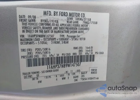 2009 Ford Focus Sel z USA, uszkodzony, nr VIN 1FAHP37N89W147507